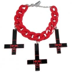 Kreepsville Inverted Cross Skull Bracelet Red