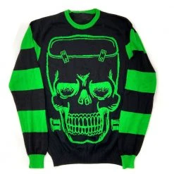Kreepsville Franken Skull Green Striped Sweater